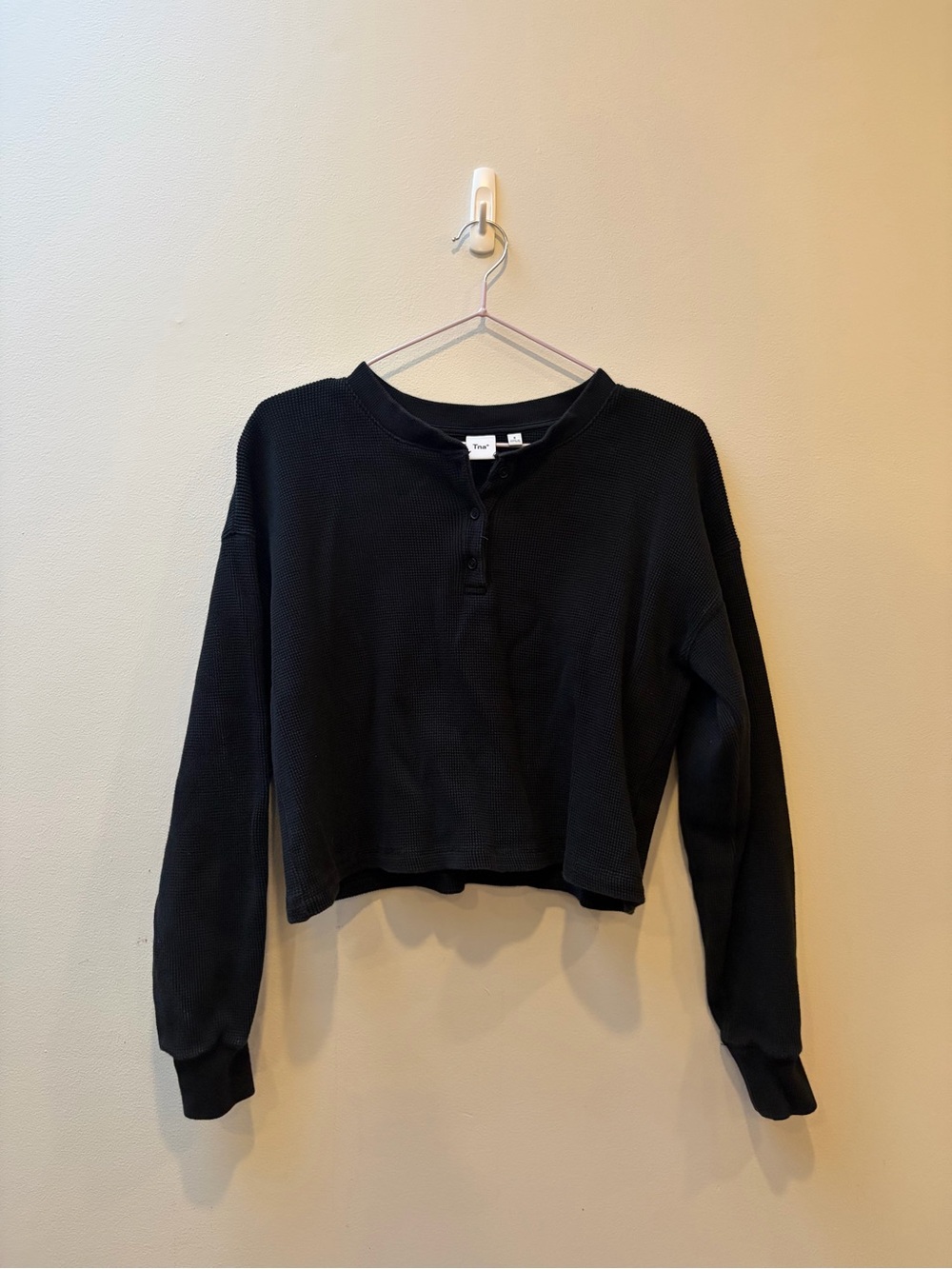 TNA Aritzia Black Waffle Knit Henley Crop Top